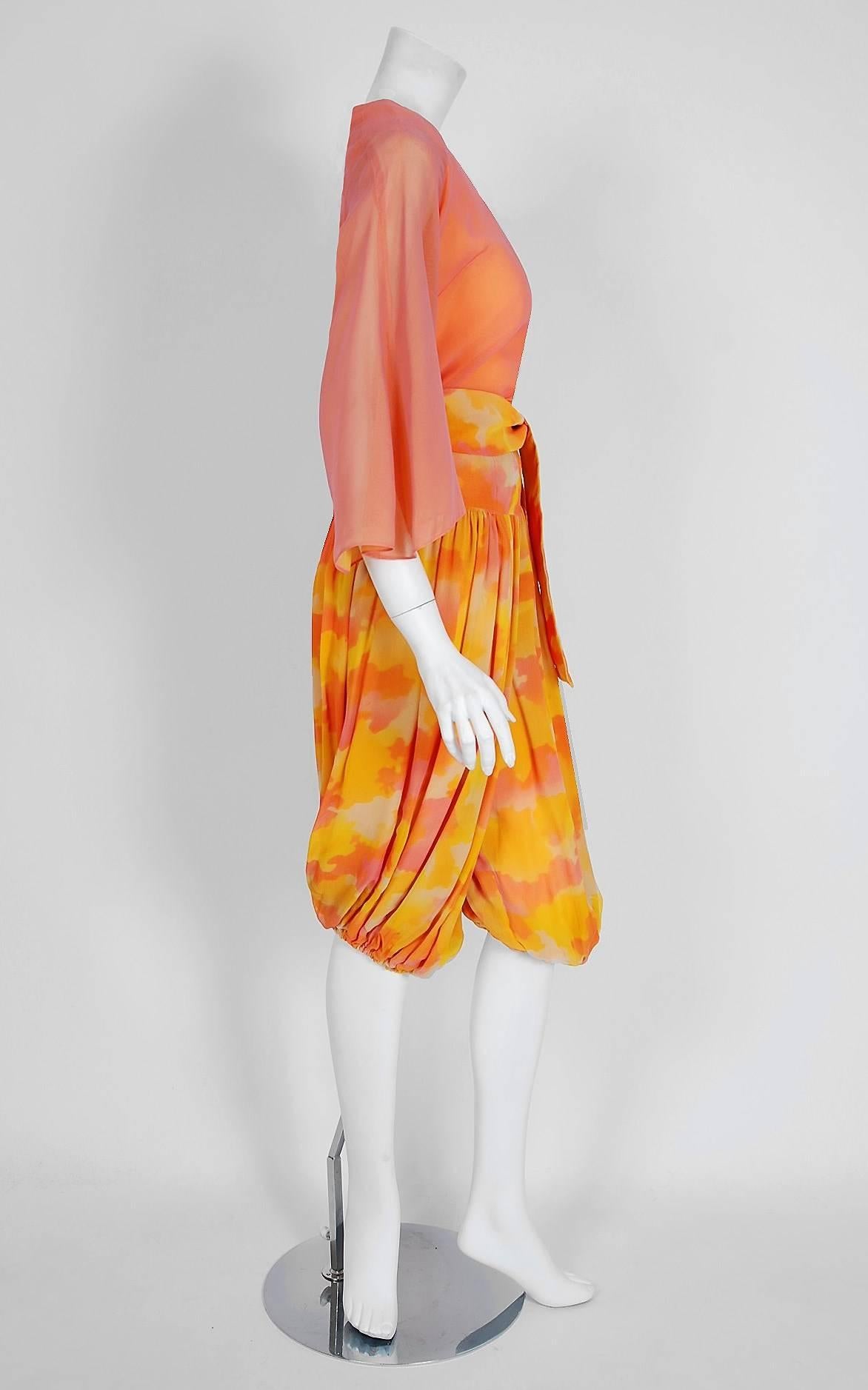 Orange Vintage 1968 Phyllis Diller Documented Pink Yellow Chiffon Harem Pants & Blouse