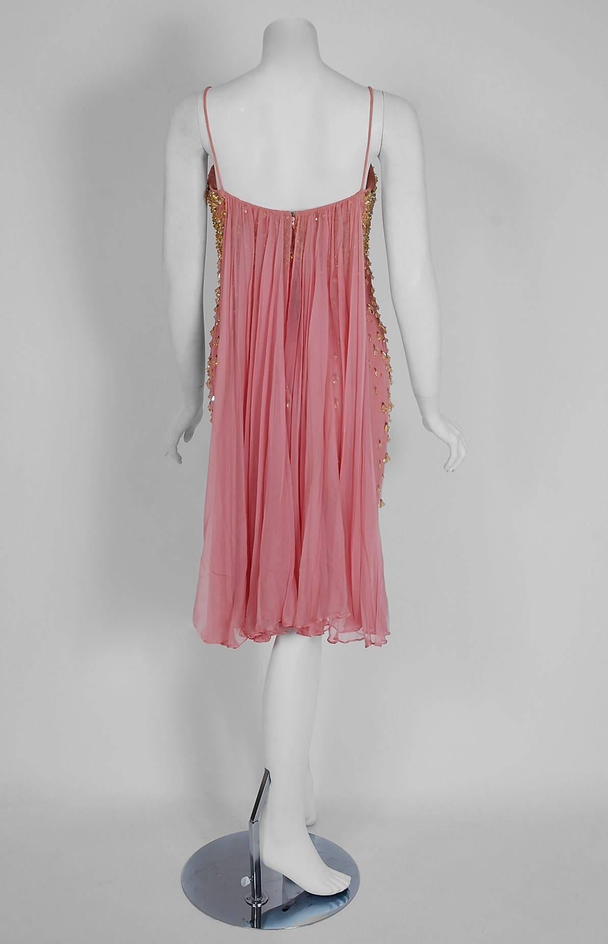 Women's 1960's Edie Adams Documented Beaded Pink Silk-Chiffon Trained Cocktail Dress 