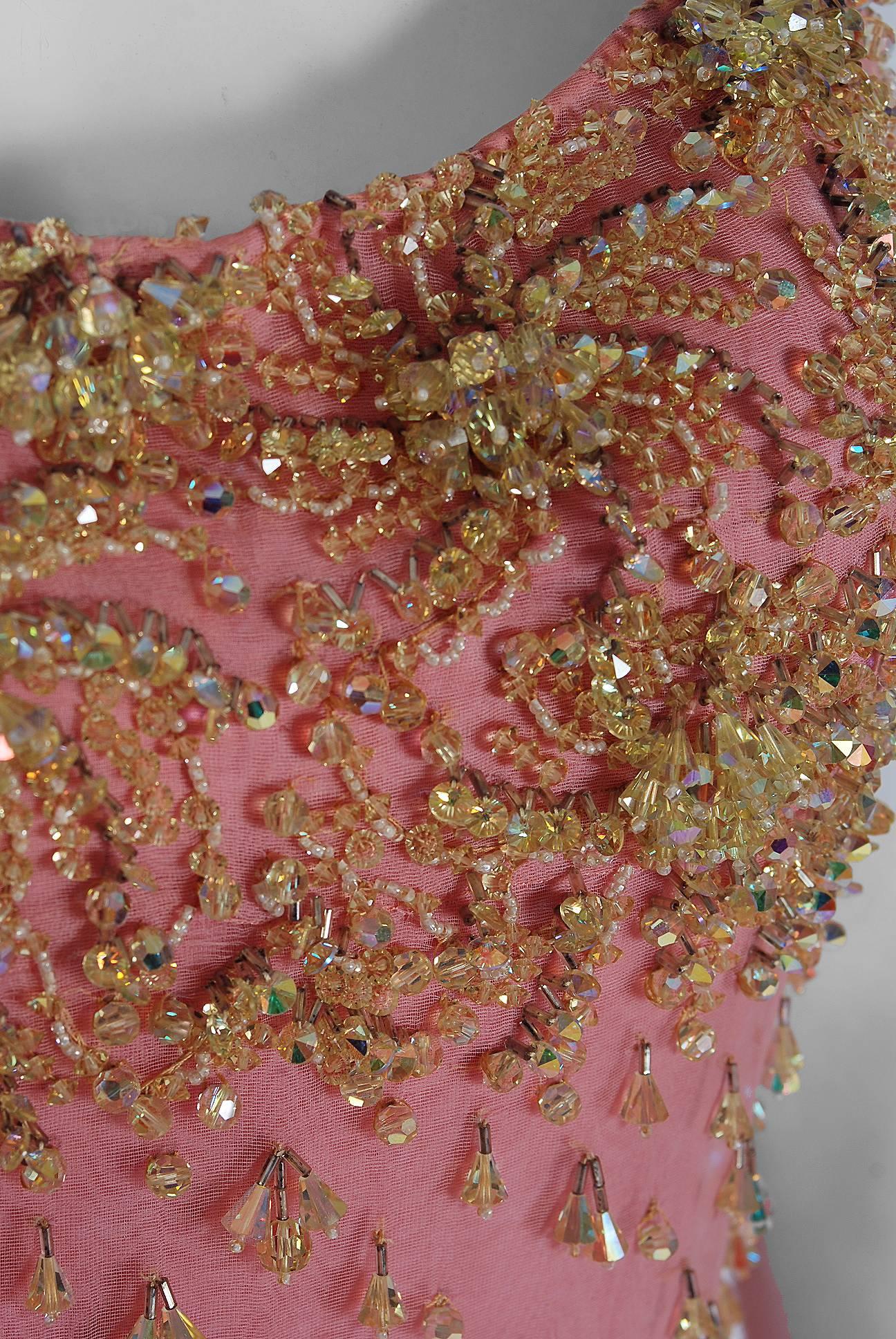 1960's Edie Adams Documented Beaded Pink Silk-Chiffon Trained Cocktail Dress In Excellent Condition In Beverly Hills, CA