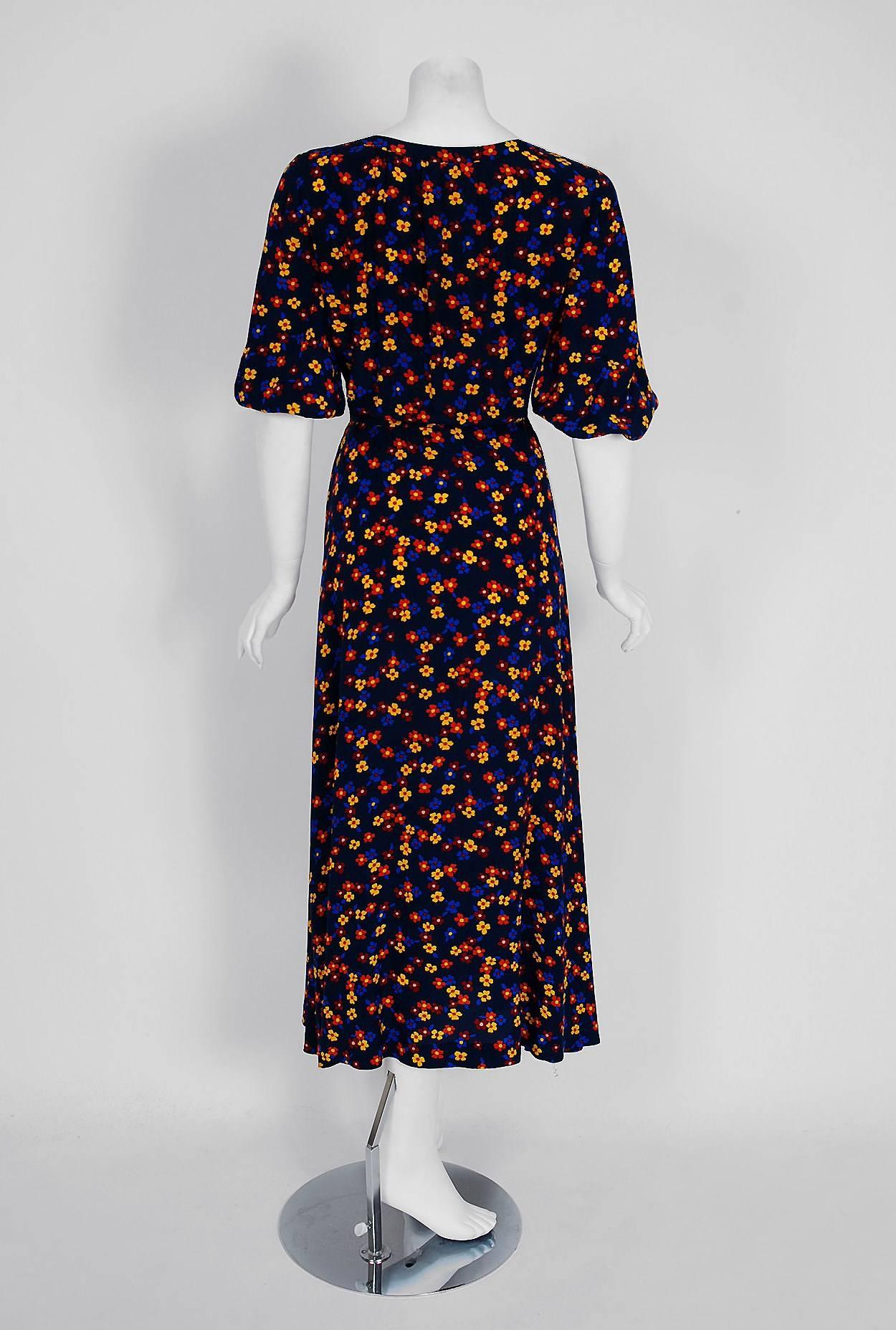 Women's 1970's Yves Saint Laurent Floral Print Navy Silk Billow-Sleeve Peasant Dress