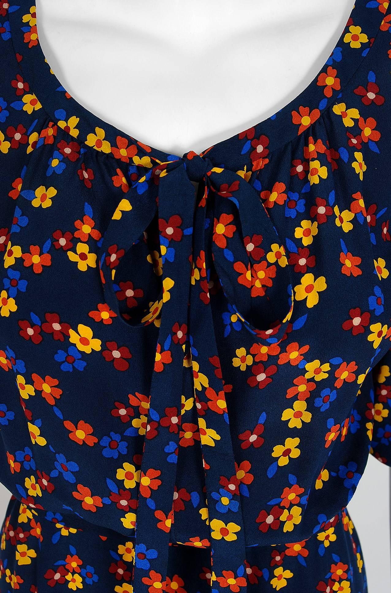1970's Yves Saint Laurent Floral Print Navy Silk Billow-Sleeve Peasant Dress In Excellent Condition In Beverly Hills, CA