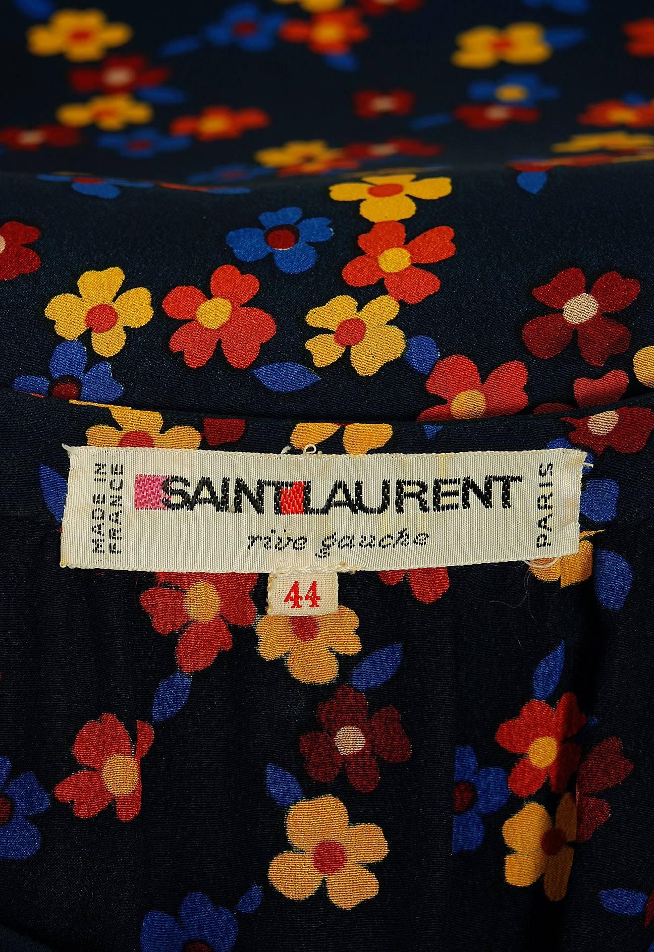 1970's Yves Saint Laurent Floral Print Navy Silk Billow-Sleeve Peasant Dress 1