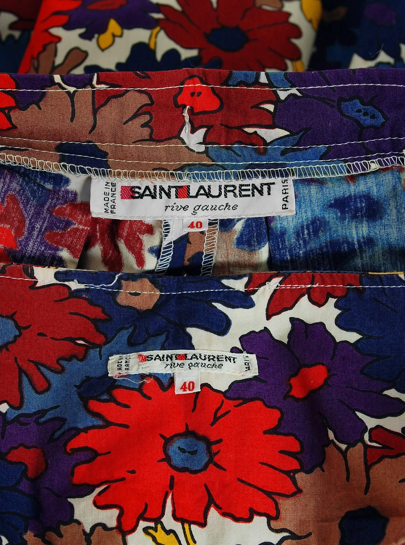 Women's 1976 Yves Saint Laurent Floral-Print Cotton Peasant Blouse & Belted Skirt Set
