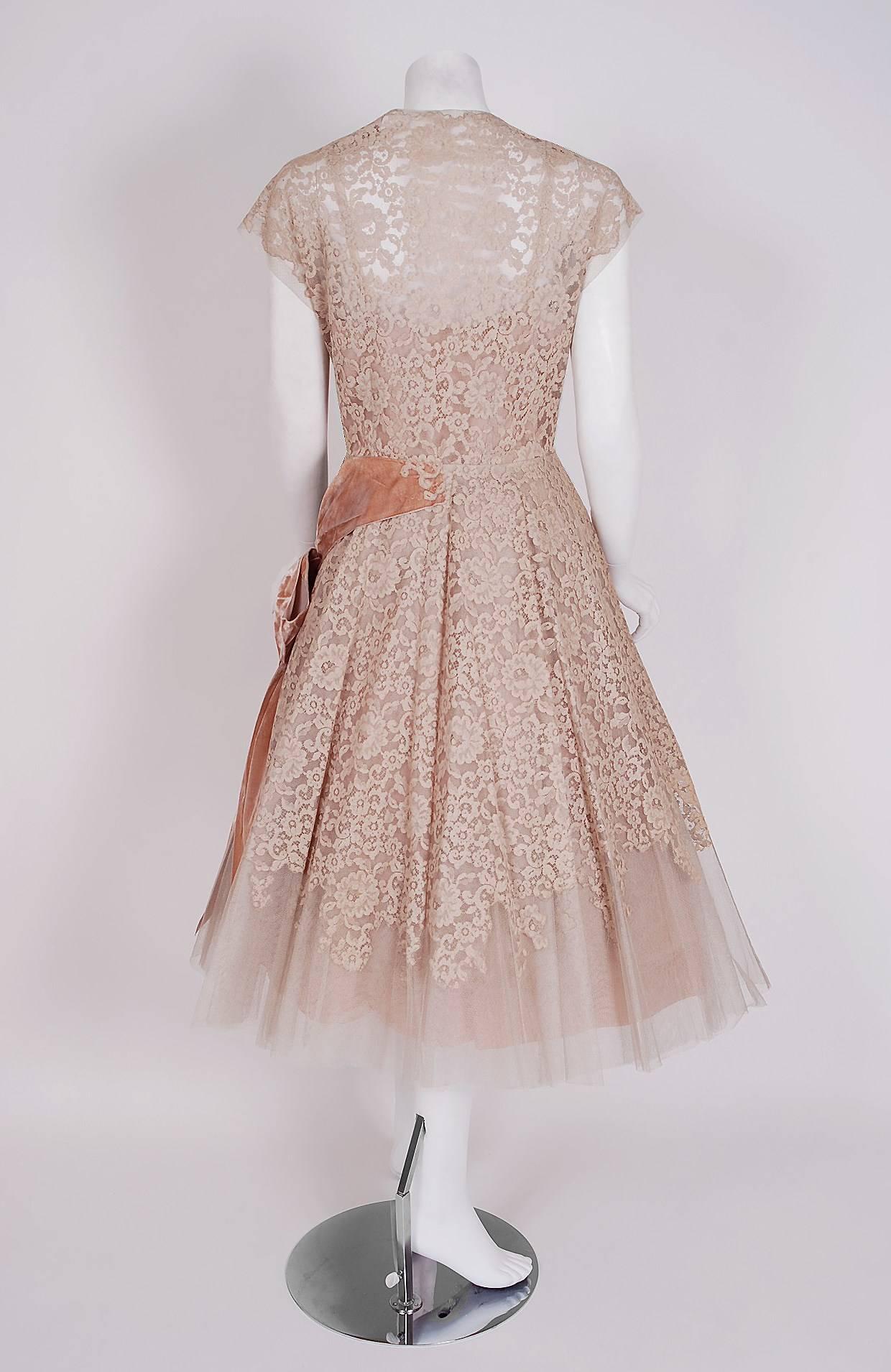 Women's 1950's Pierre Balmain Mauve-Pink Lace Tulle Illusion Side-Bow Full Party Dress