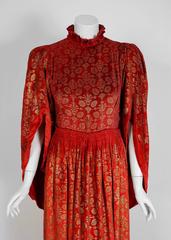 Vintage 1920's Gallenga Couture Metallic Stenciled Red Velvet Angel-Sleeve Gown