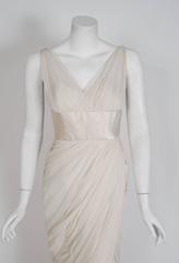 1950's Jean Desses Ivory-White Draped Silk Chiffon Back-Fishtail Goddess Dress
