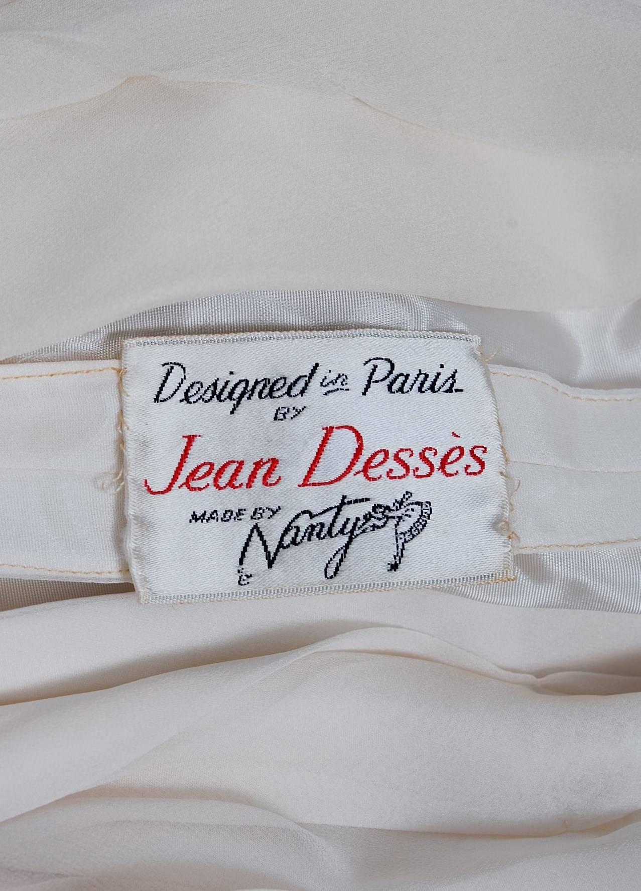 Gray 1950's Jean Desses Ivory-White Draped Silk Chiffon Back-Fishtail Goddess Dress