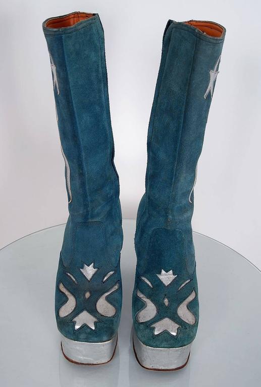 1970's Turquoise-Blue Suede and Silver Leather Novelty Glam-Rock