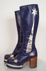 1970's Purple & Silver Leather Novelty Stars Knee-High Platform Glam-Rock Boots