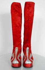 1970's Ruby-Red Satin & Silver Snakeskin Glam-Rock Platform Knee-High Boots