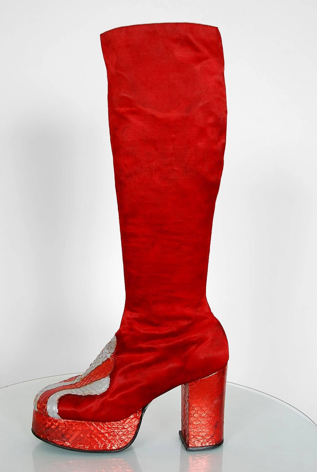 1970's Ruby-Red Satin & Silver Snakeskin Glam-Rock Platform Knee-High Boots  In Excellent Condition In Beverly Hills, CA