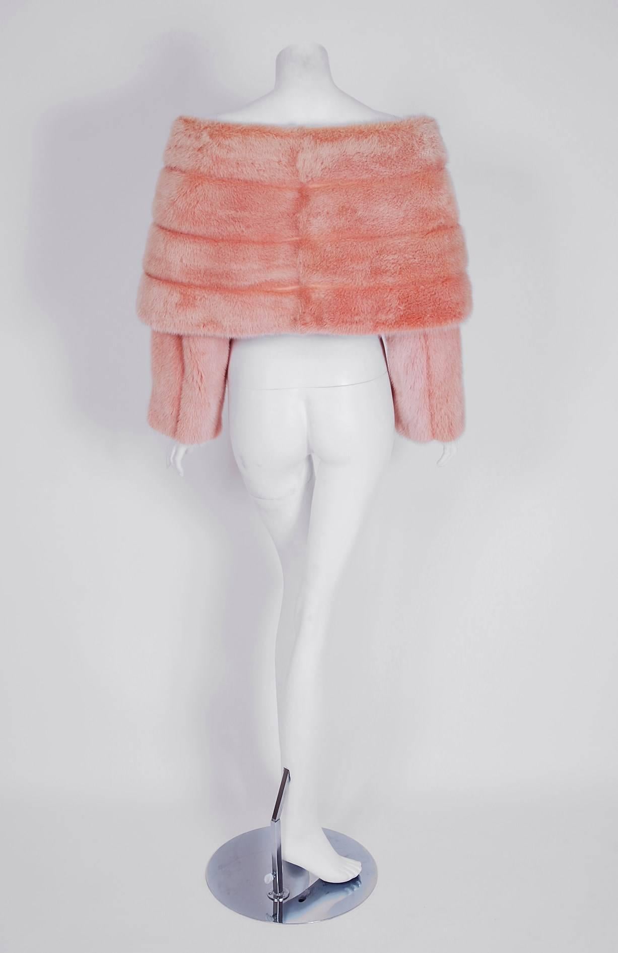 1990's Arnold Scaasi Couture Pink Mink-Fur & Silk Bows Cropped Bolero Jacket 1