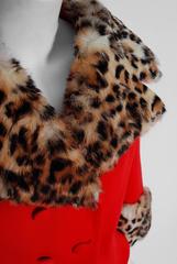1960's Lilli-Ann Red Knit & Leopard Print Fur Winged-Sleeve Belted Coat Jacket