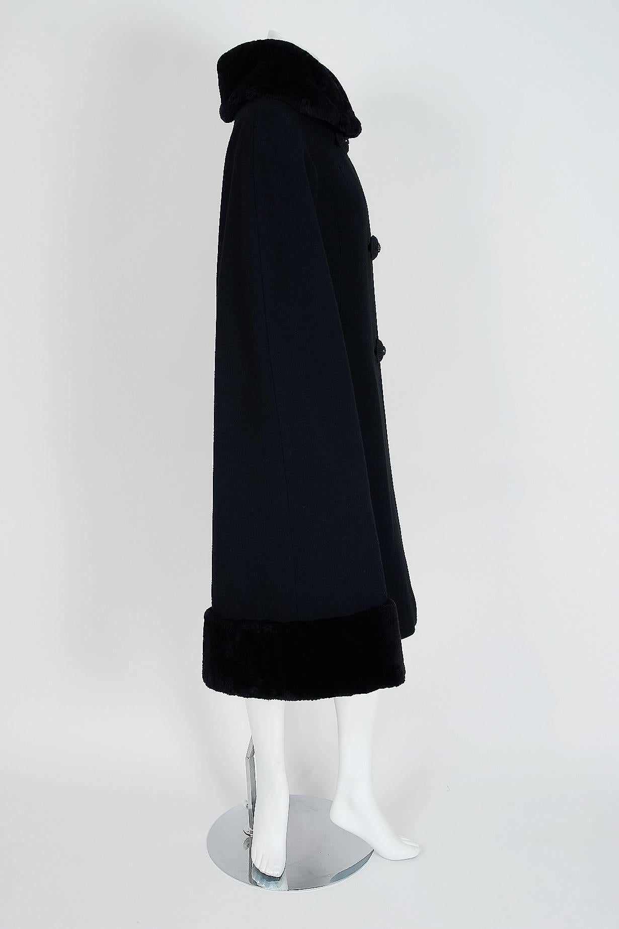 1960's Luxurious Black Wool & Genuine Sheared Beaver-Fur Belted Mod Cape Coat 1