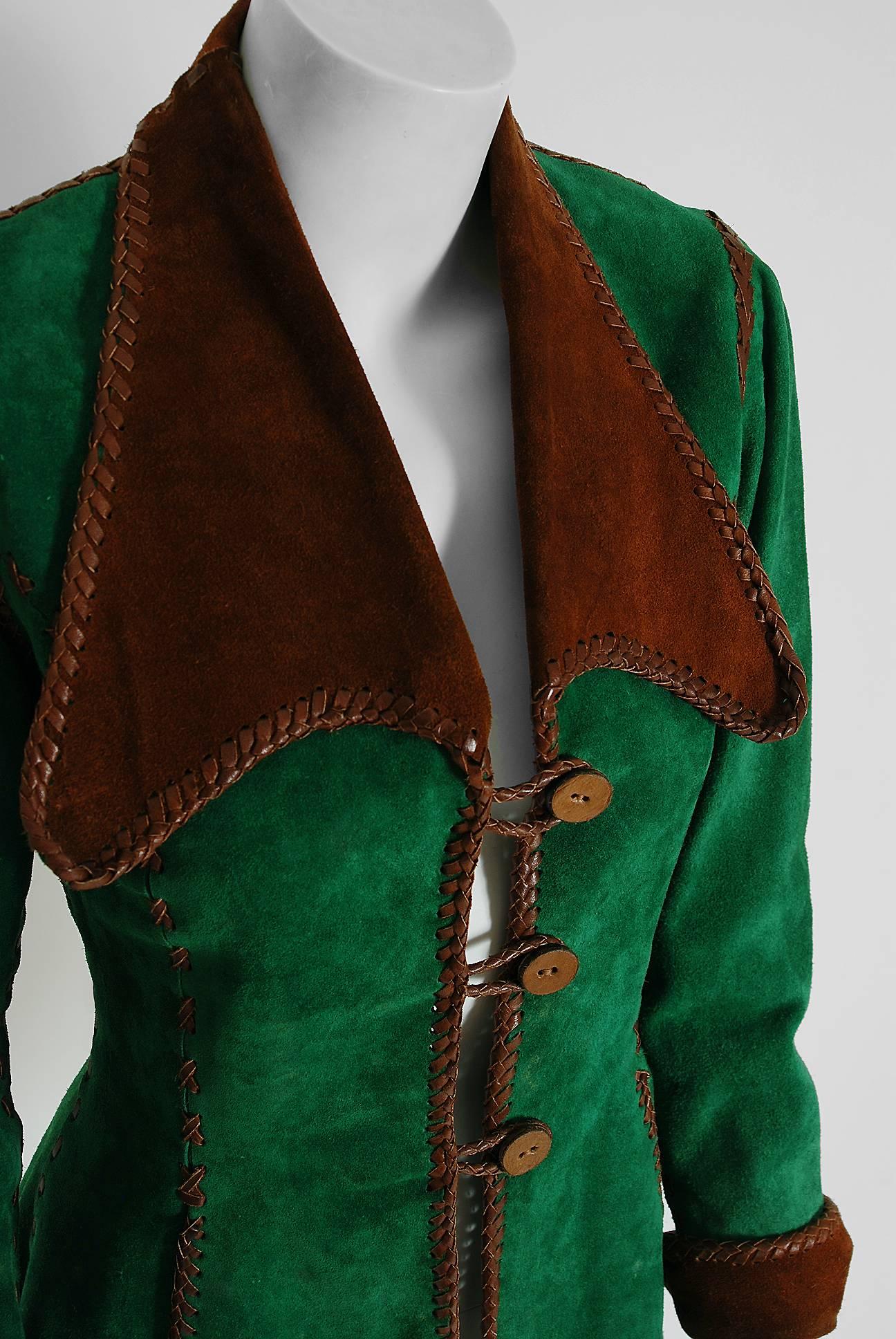 Black 1960's North Beach Leather Whipstitch Emerald-Green & Brown Suede Fitted Jacket