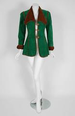 1960's North Beach Leather Whipstitch Emerald-Green & Brown Suede Fitted Jacket