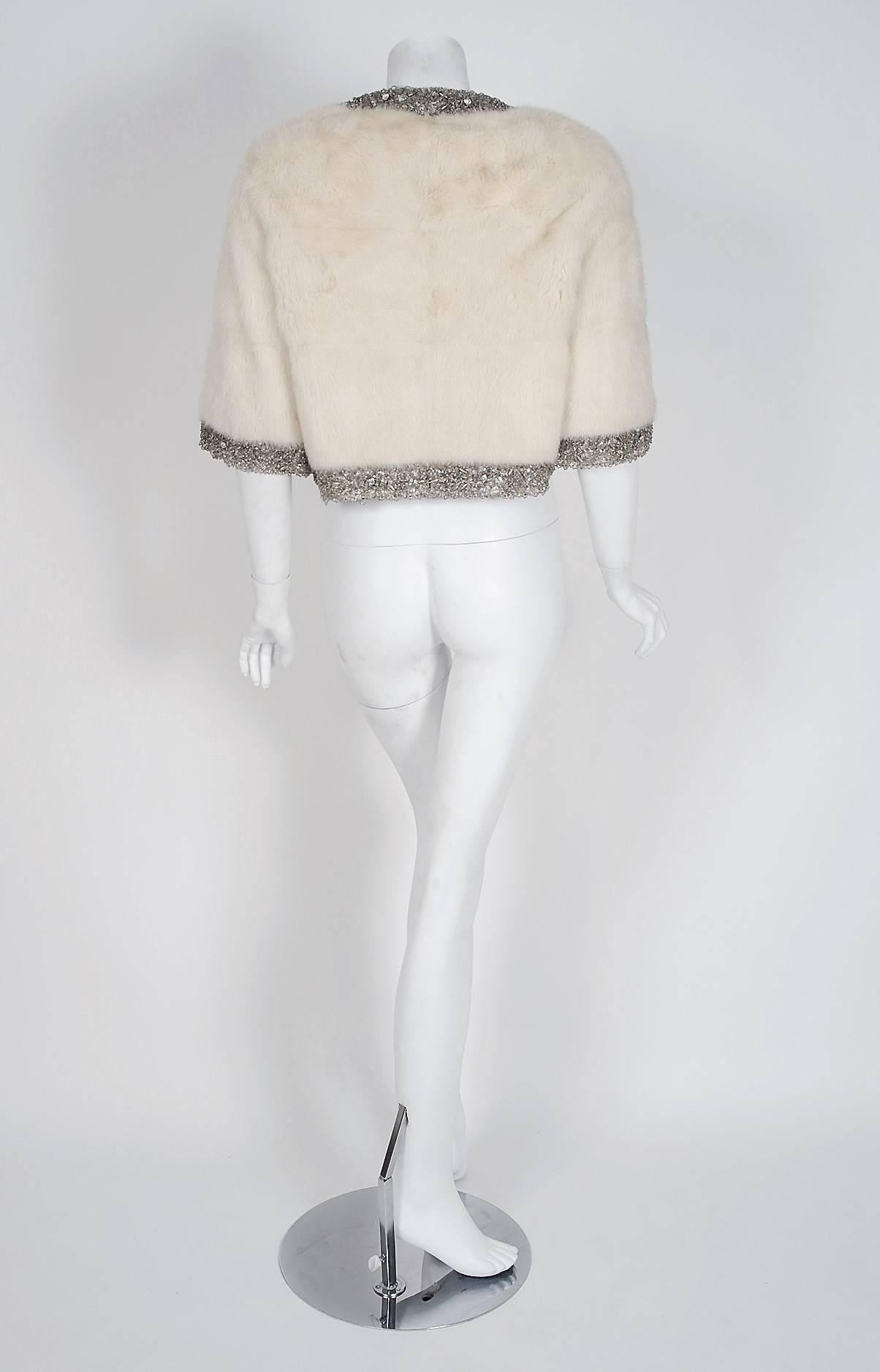 Beige 1950's Rhinestone Crystal Beaded Ivory-White Mink Fur Cropped Bolero Jacket
