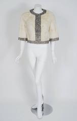 1950's Rhinestone Crystal Beaded Ivory-White Mink Fur Cropped Bolero Jacket