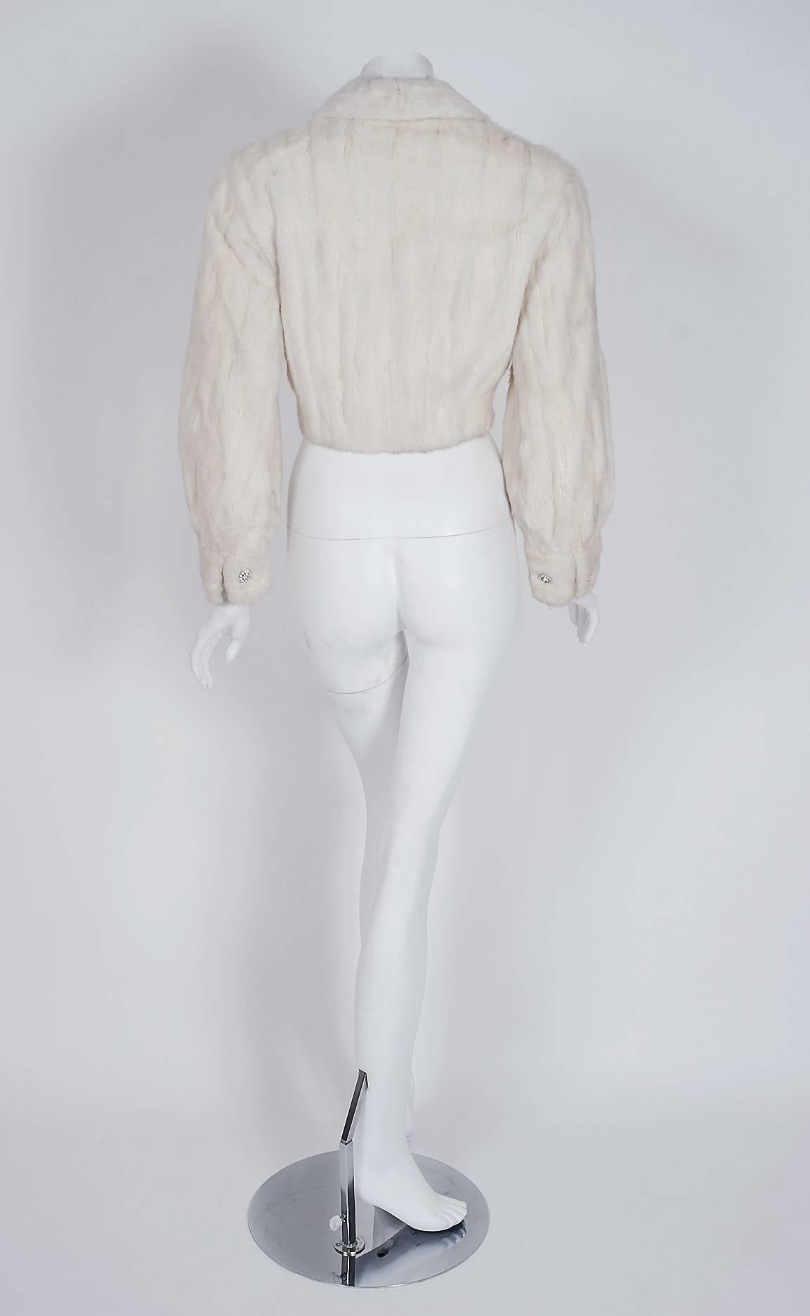 1950's Couture Ivory-White Genuine Ermine Fur Rhinestone Cropped Bolero Jacket 1