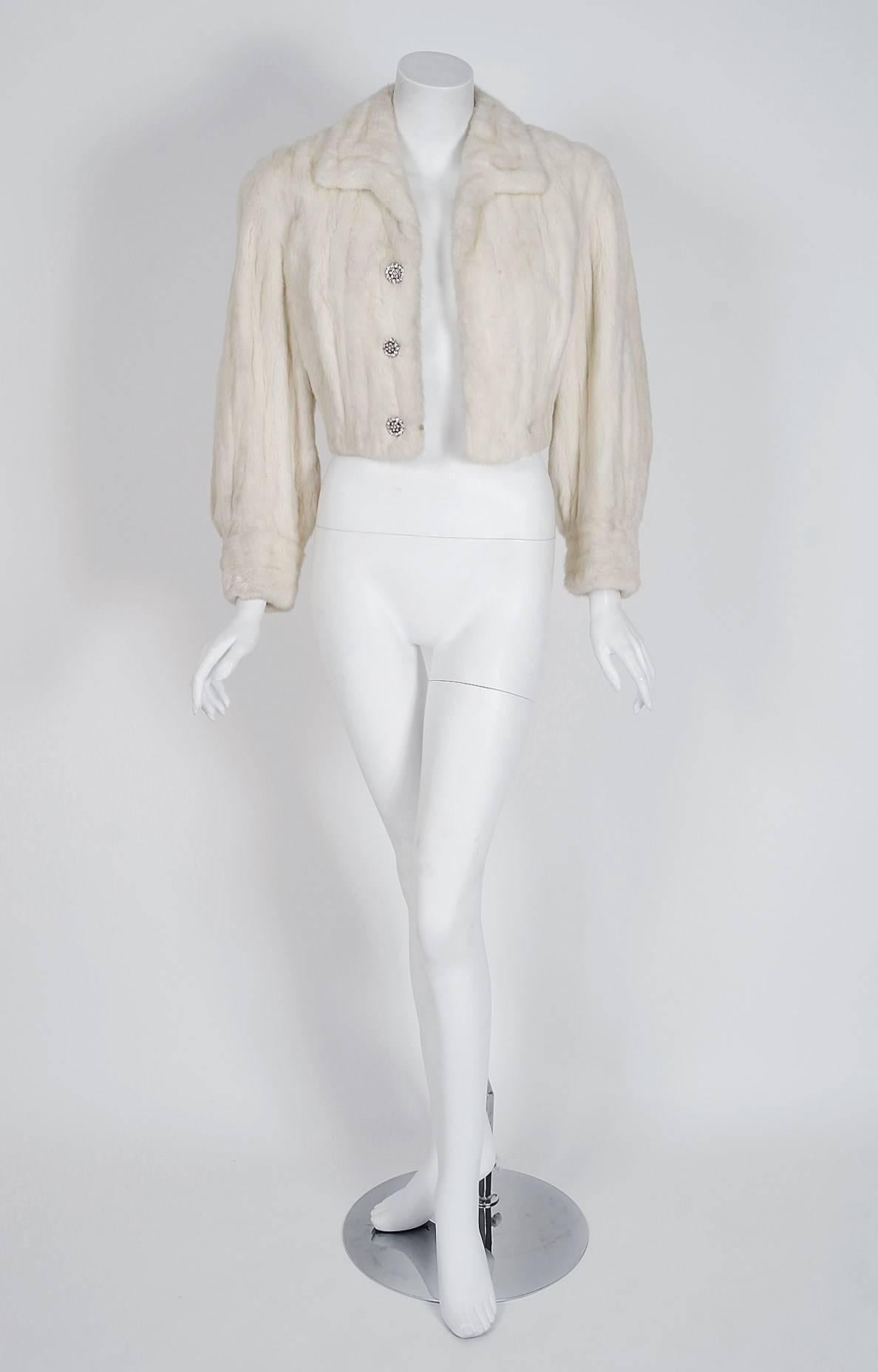 Gray 1950's Couture Ivory-White Genuine Ermine Fur Rhinestone Cropped Bolero Jacket
