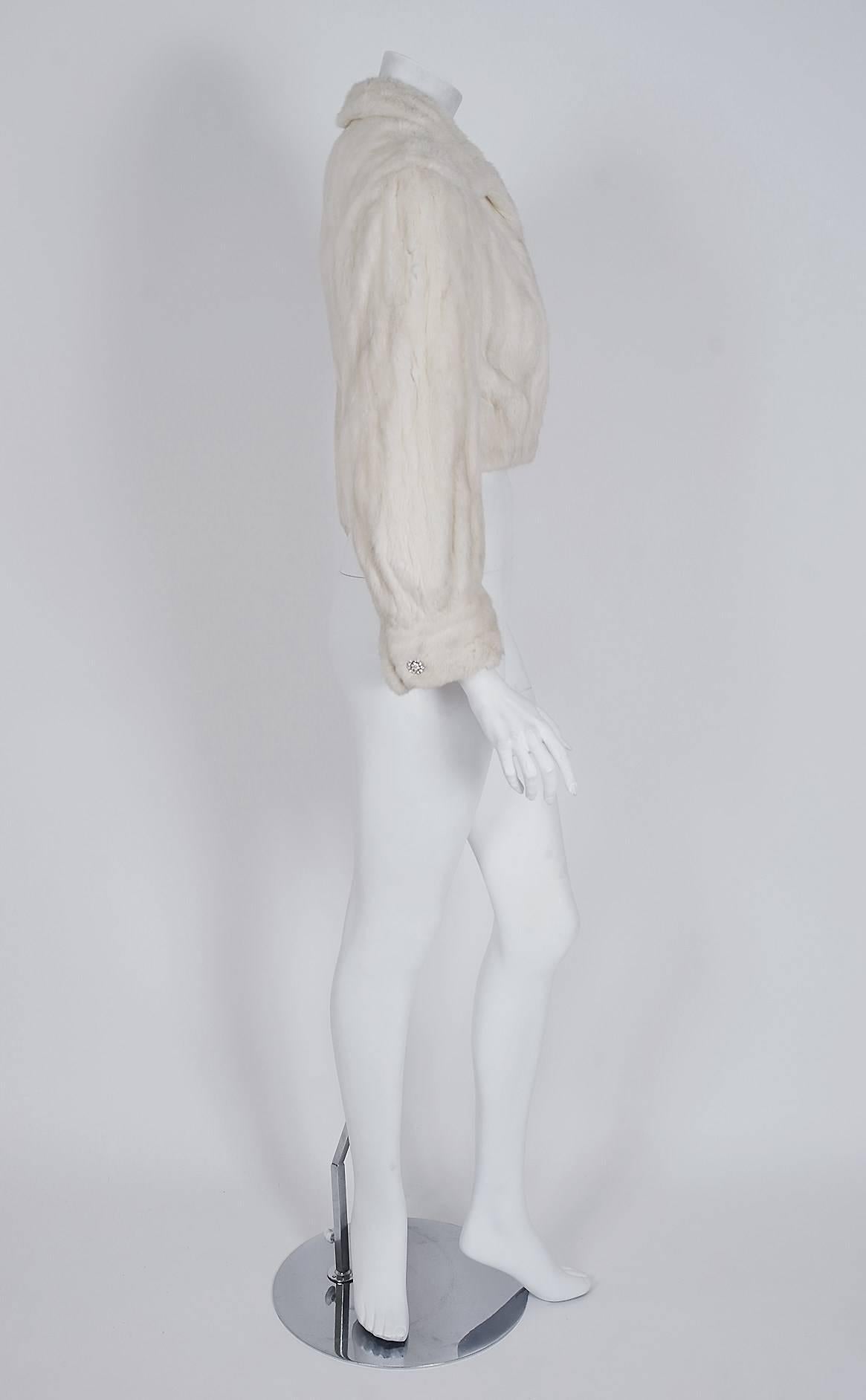 Women's 1950's Couture Ivory-White Genuine Ermine Fur Rhinestone Cropped Bolero Jacket