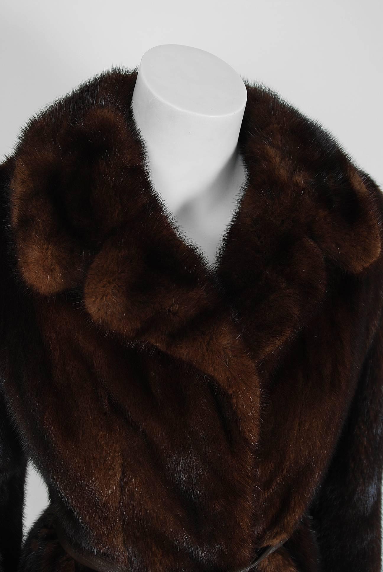 Black 1960's Exquisite Chestnut-Brown Mink Fur & Genuine Leather Belted Coat Jacket