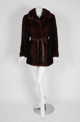 1960's Exquisite Chestnut-Brown Mink Fur & Genuine Leather Belted Coat Jacket