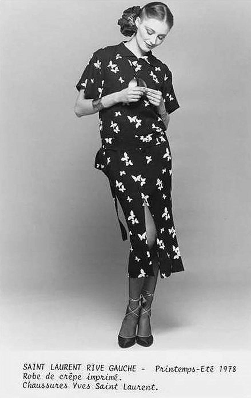 Gorgeous Yves Saint Laurent documented black and white rayon-crepe flying birds novelty print dress from the infamous Rive Gauche 1978 spring summer collection. Pieces from this decade are very rare and are true examples of fashion history. I adore