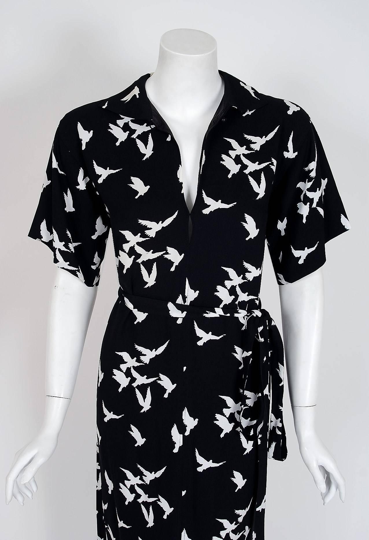 Women's 1978 Yves Saint Laurent Doumented Bird Novelty Print Rayon-Crepe Belted Dress