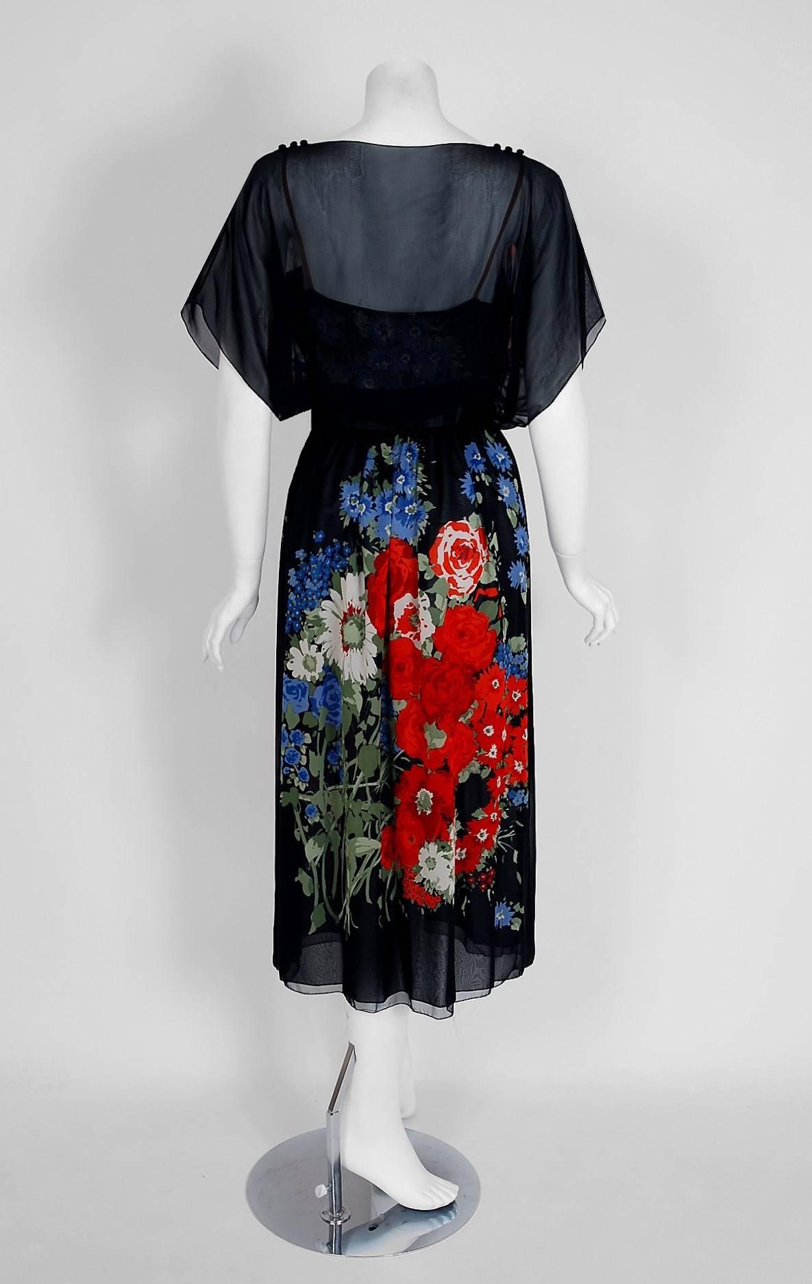Black 1970's Pauline Trigere Floral Garden Print Silk-Chiffon Batwing Goddess Dress