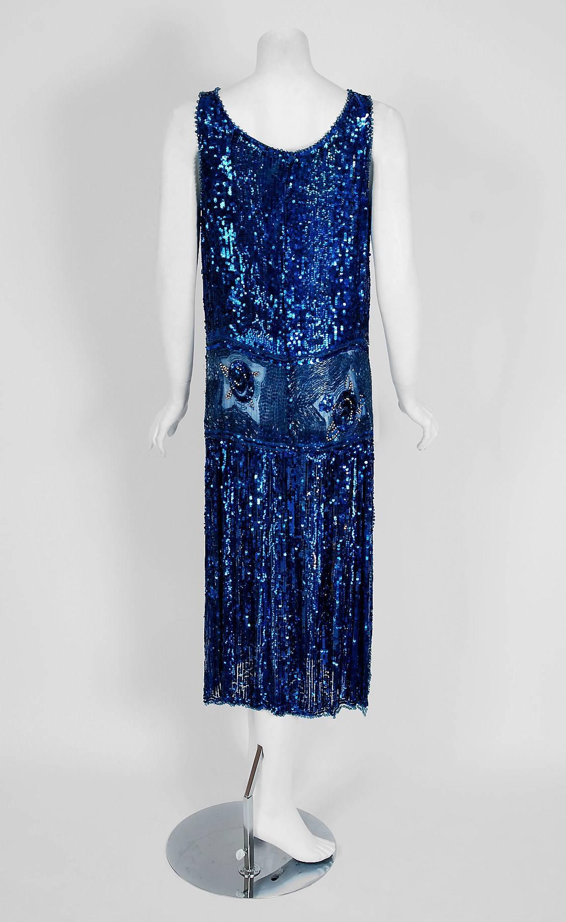 1920's French Sapphire-Blue Sequin Beaded Floral Motif Art-Deco Flapper Dress  In Excellent Condition In Beverly Hills, CA