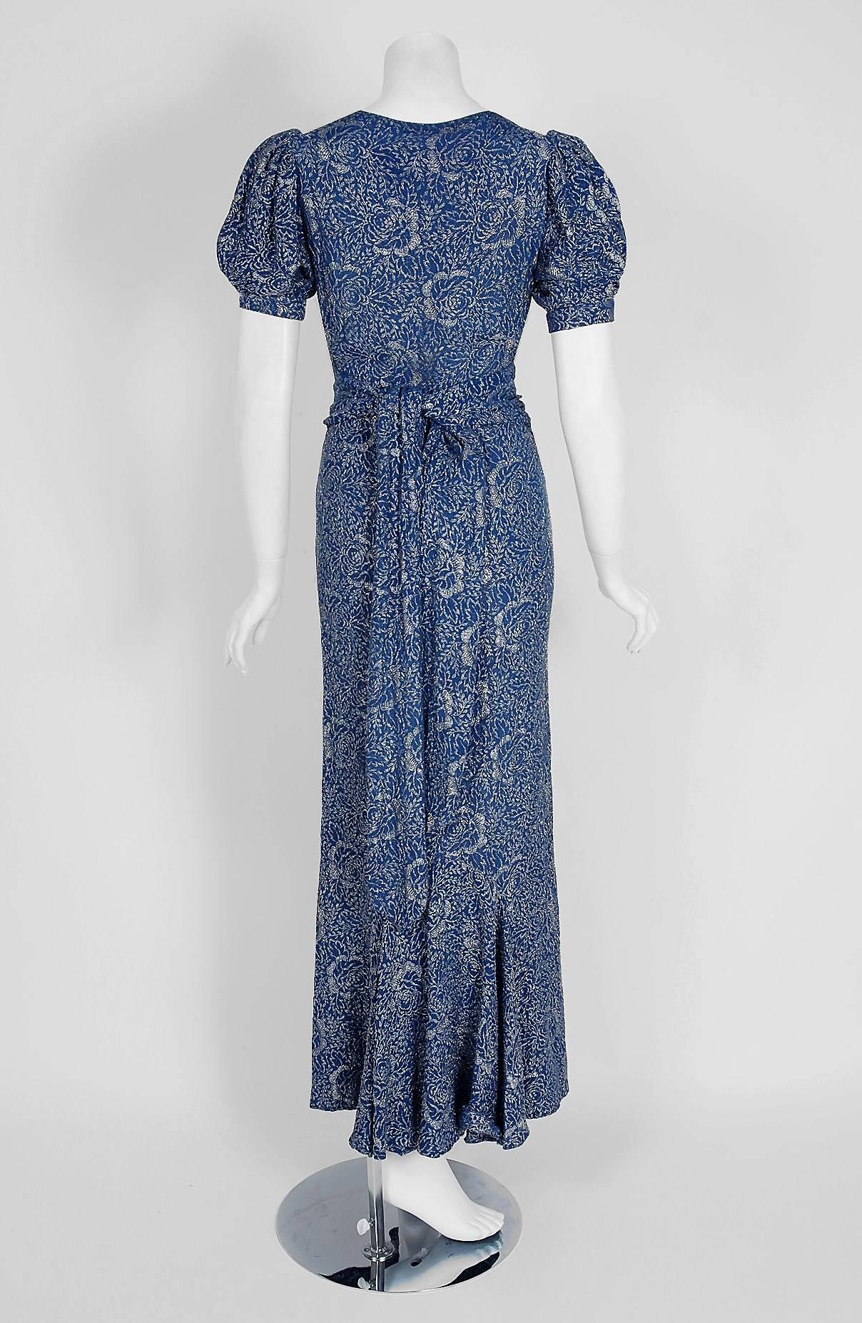 Women's 1930's Metallic Blue-Roses Floral Lame Belted Puff Sleeve Bias-Cut Evening Gown