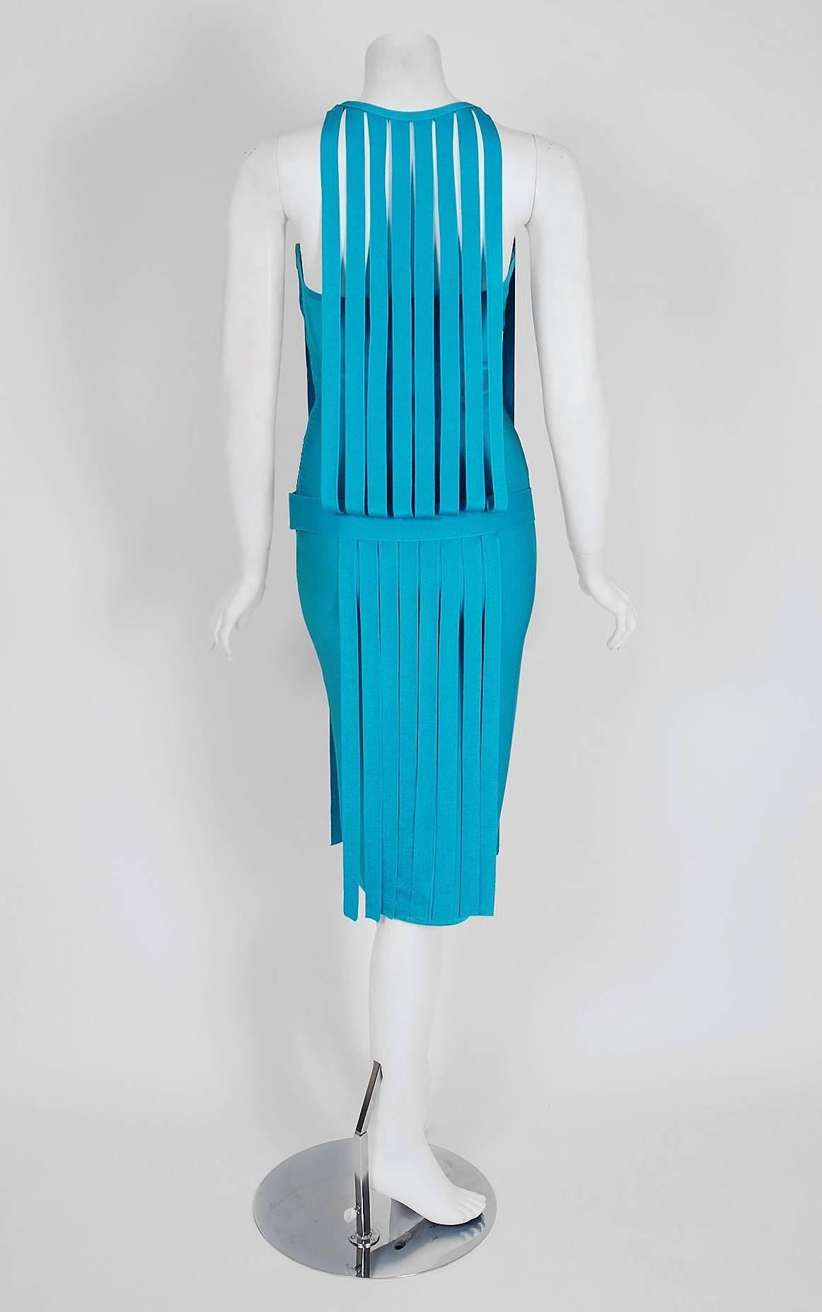 Donna Vintage anni '90 Herve Leger Runway Turchese Stretch Knit Birdcage Bodycon Dress in vendita