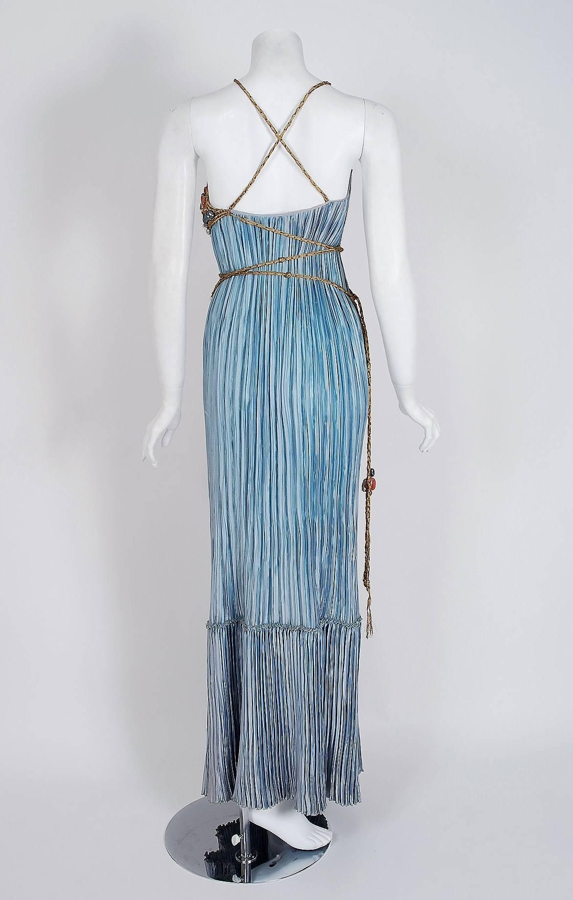 1970's Mary McFadden Couture Metallic Beaded Sky-Blue Pleated Silk Goddess Gown 1