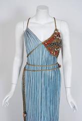 1970's Mary McFadden Couture Metallic Beaded Sky-Blue Pleated Silk Goddess Gown