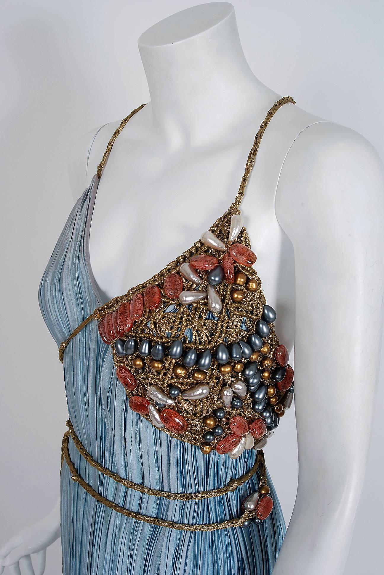 Gray 1970's Mary McFadden Couture Metallic Beaded Sky-Blue Pleated Silk Goddess Gown