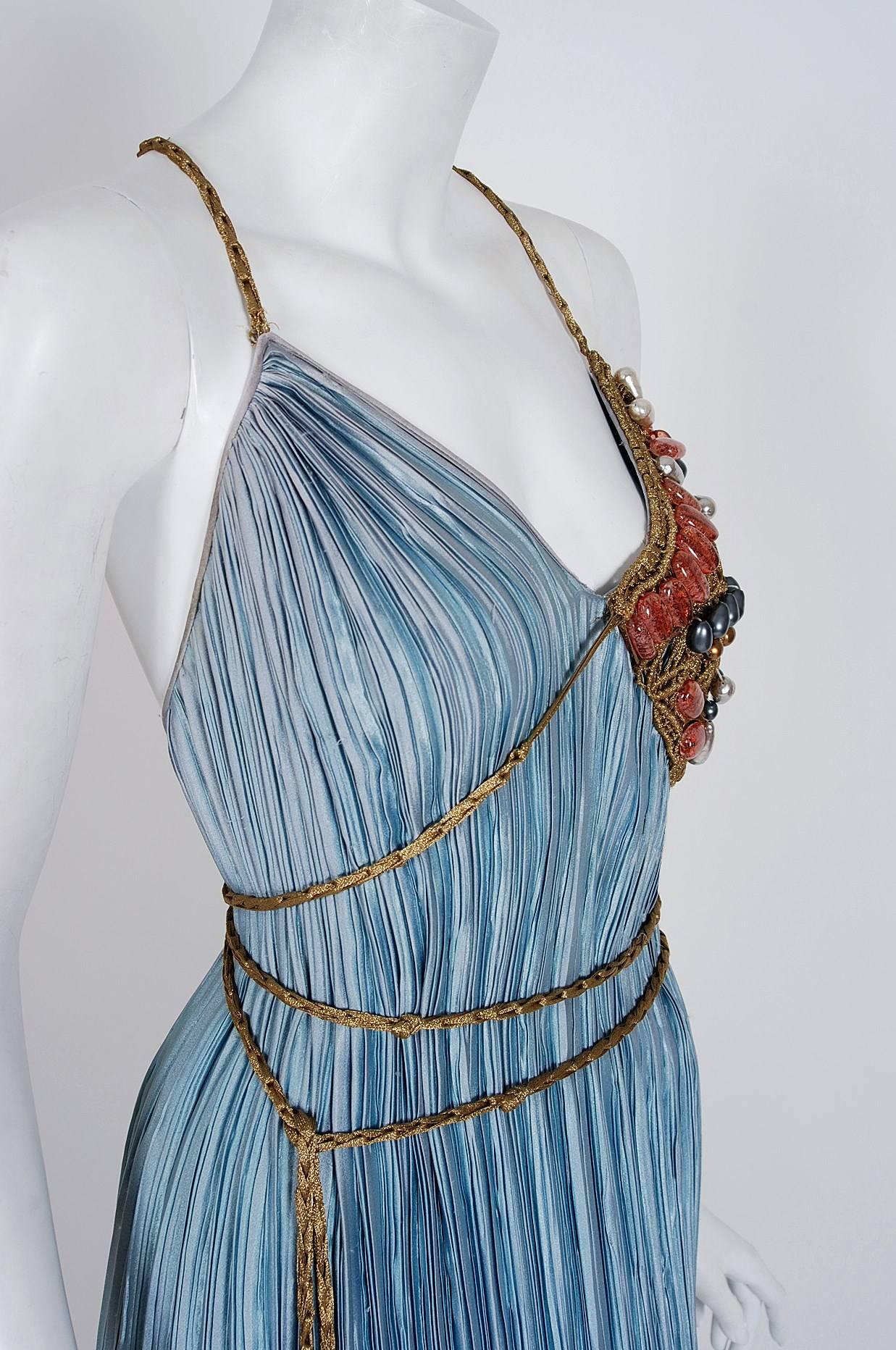 Women's 1970's Mary McFadden Couture Metallic Beaded Sky-Blue Pleated Silk Goddess Gown