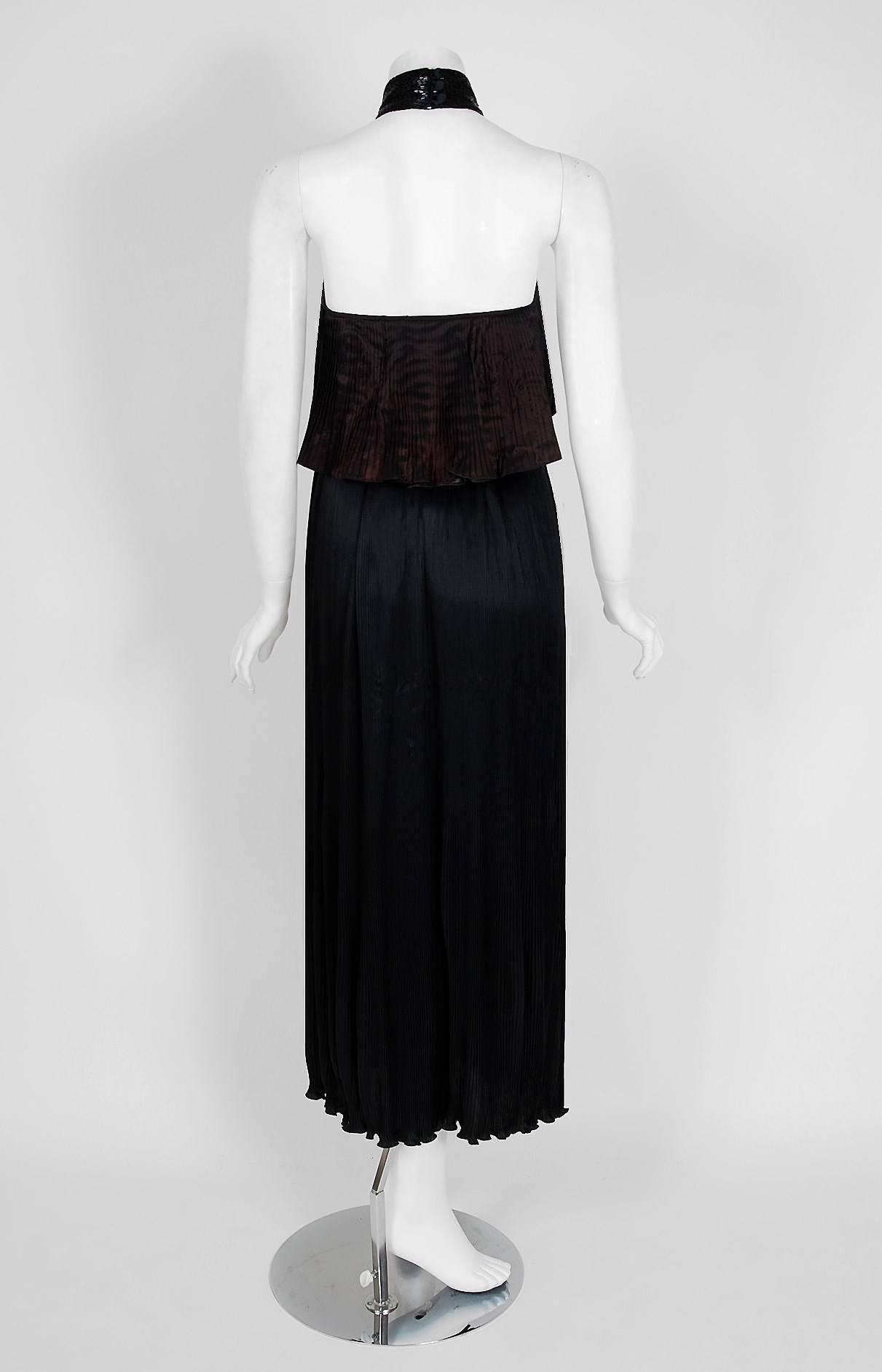 1970's Yuki London Beaded Black Pleated Silk Grecian Goddess Halter-Collar Dress 1
