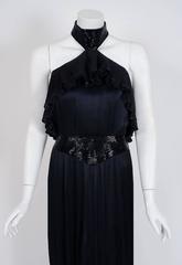 1970's Yuki London Beaded Black Pleated Silk Grecian Goddess Halter-Collar Dress