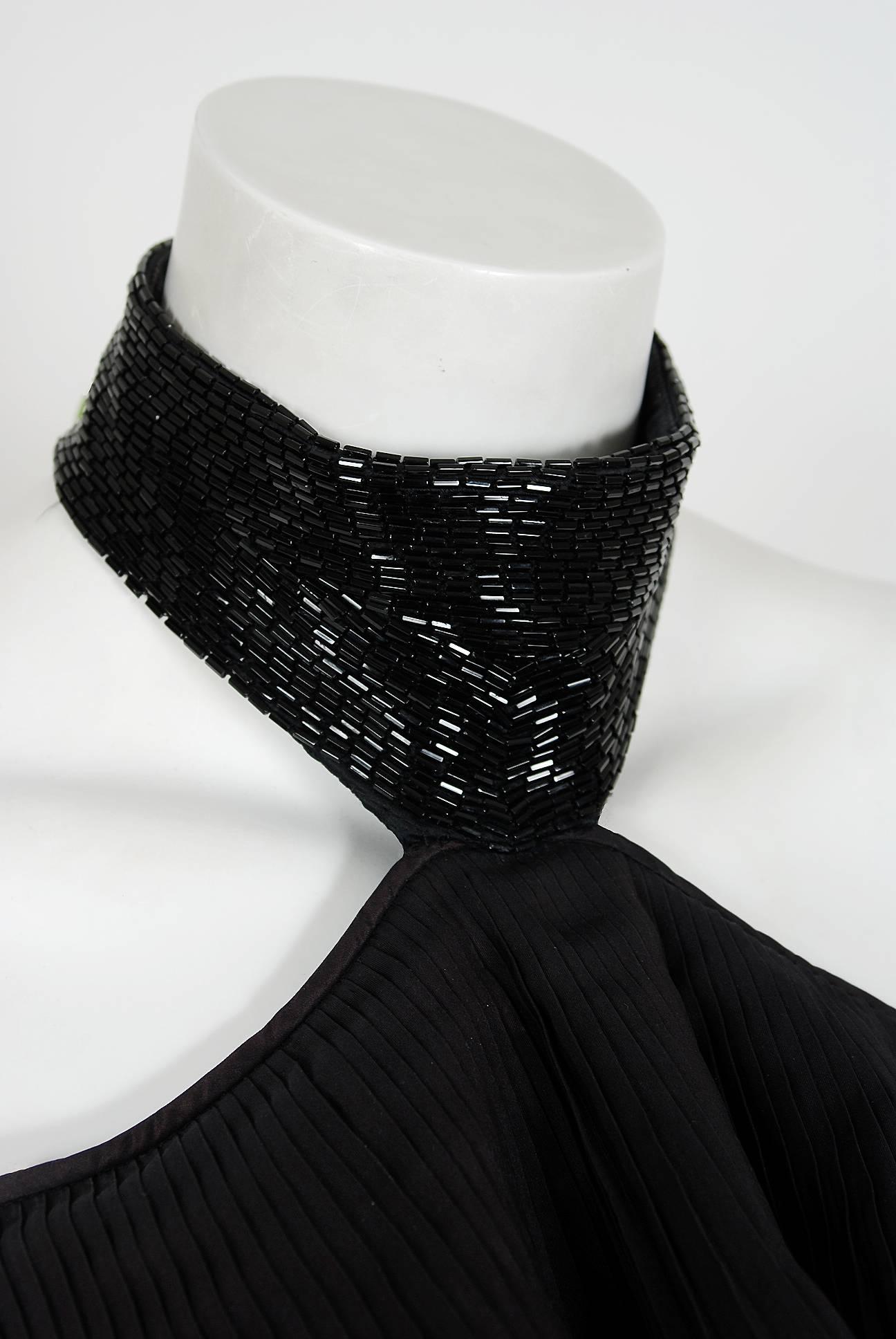 Women's 1970's Yuki London Beaded Black Pleated Silk Grecian Goddess Halter-Collar Dress