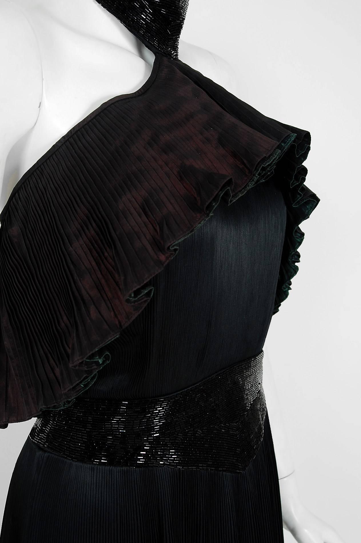 1970's Yuki London Beaded Black Pleated Silk Grecian Goddess Halter-Collar Dress In Excellent Condition In Beverly Hills, CA