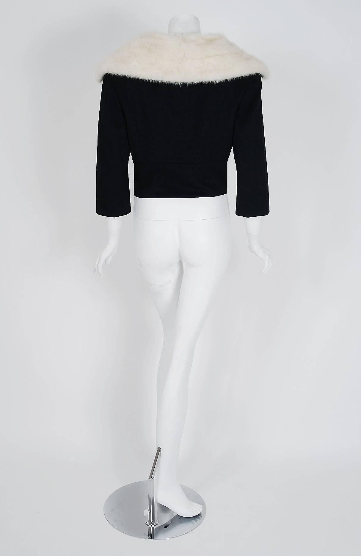 Women's 1955 Jean Patou Haute-Couture White Mink Fur & Black Wool Cropped Bolero Jacket