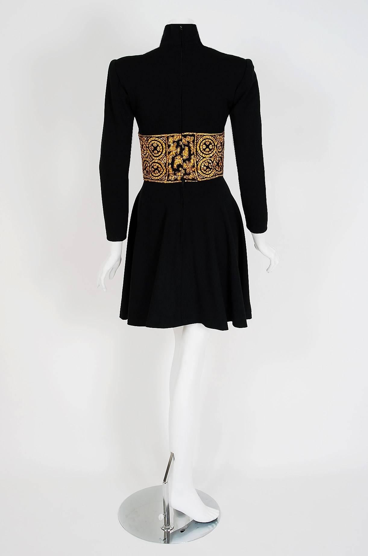 1990's Bob Mackie Beaded Graphic Black Gold Knit Turtleneck Flaired Mini Dress 1