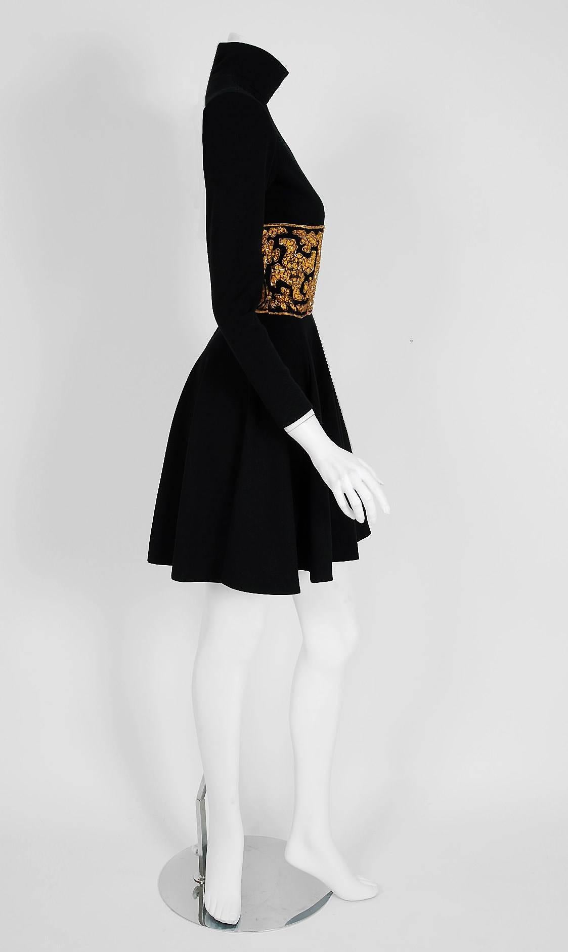 Women's 1990's Bob Mackie Beaded Graphic Black Gold Knit Turtleneck Flaired Mini Dress