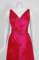 1950's Teal Traina Fuchsia-Pink Roses Floral Flocked Satin Plunge Belted Dress