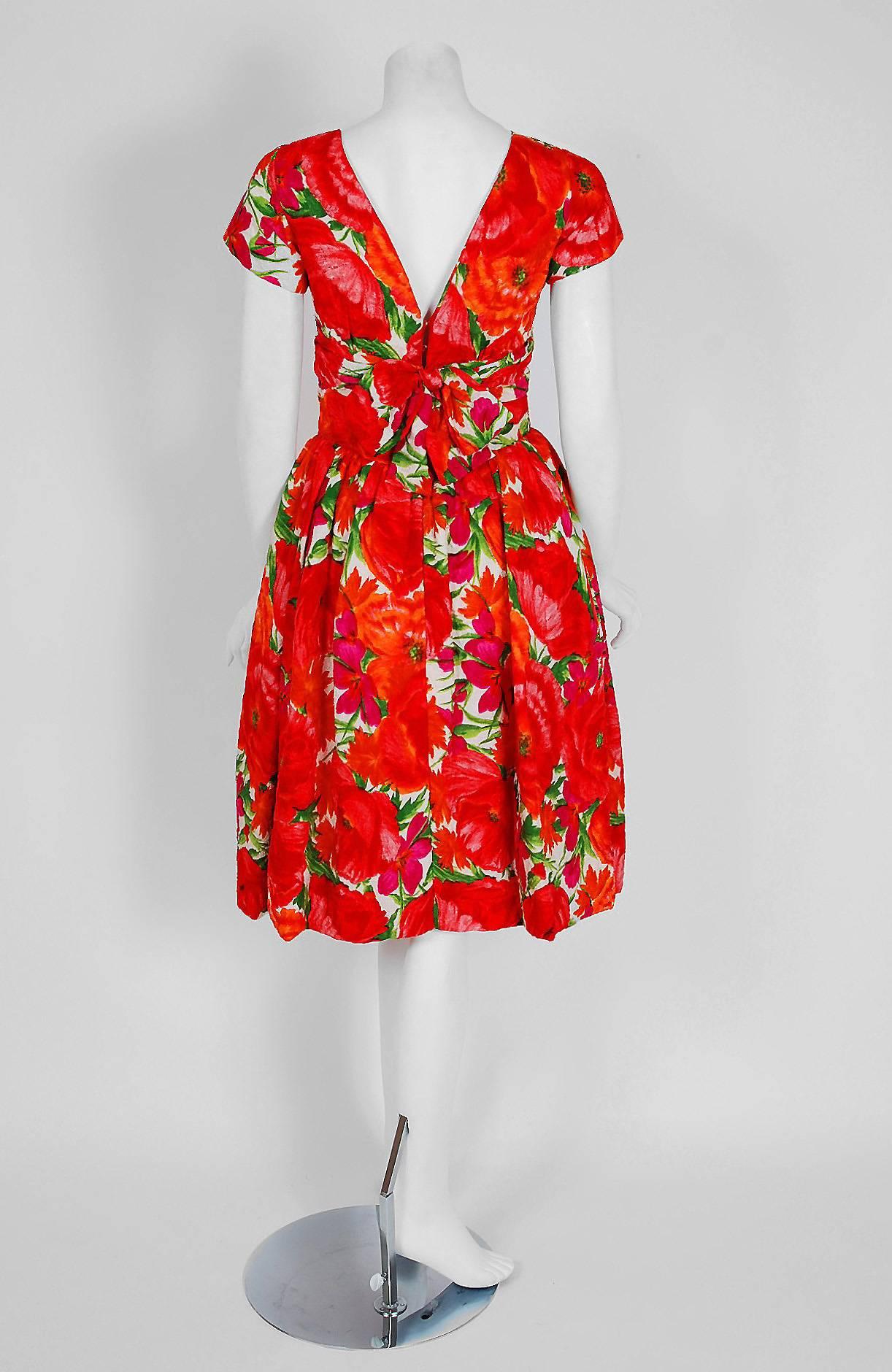 Women's 1958 Christian Dior New York Red-Roses Floral Garden Silk Back-Bow Party Dress
