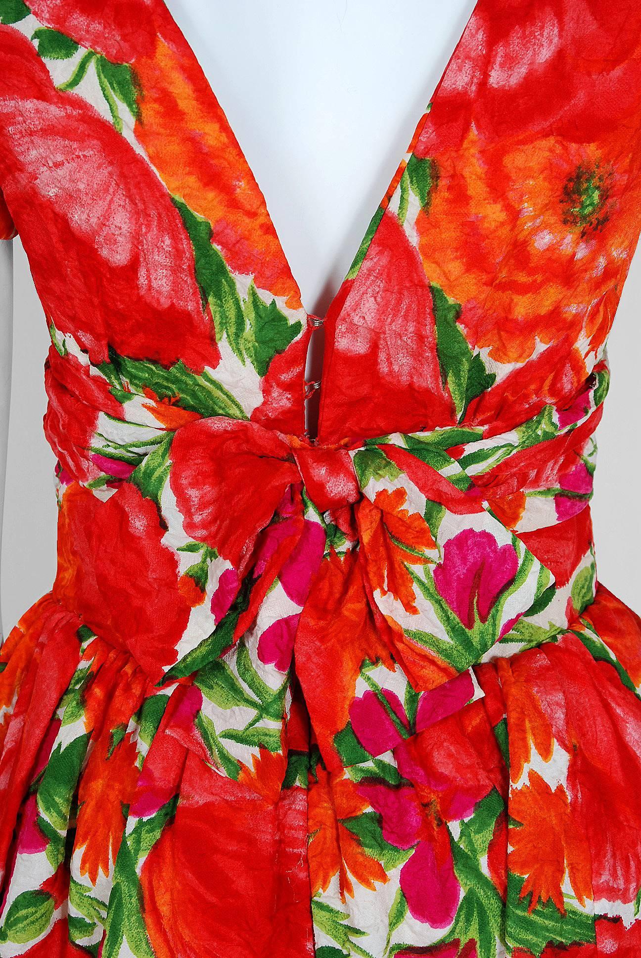 1958 Christian Dior New York Red-Roses Floral Garden Silk Back-Bow Party Dress 1