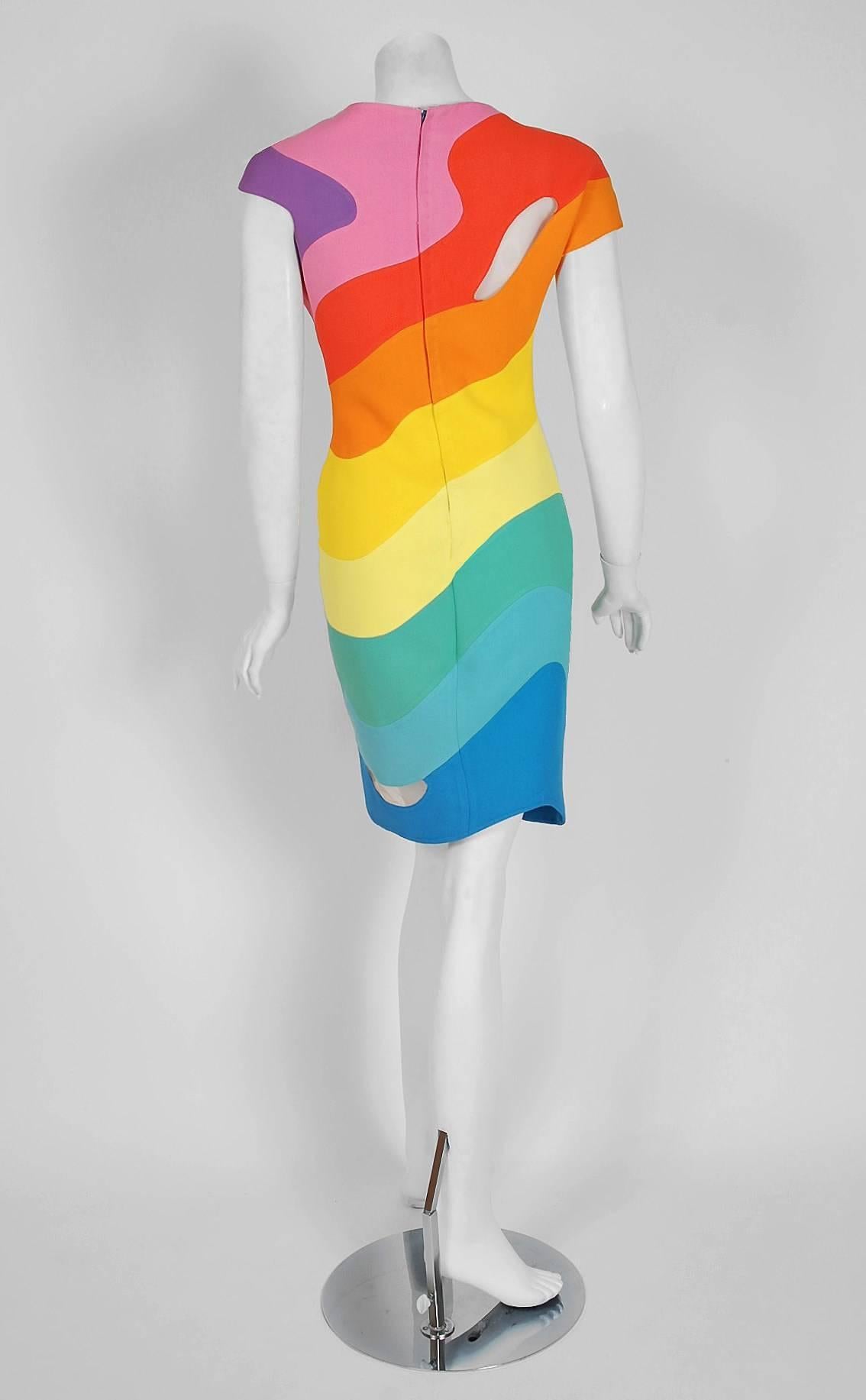 1990 Thierry Mugler Couture Documented Rainbow Bodycon Cut-Out Hourglass Dress In Excellent Condition In Beverly Hills, CA