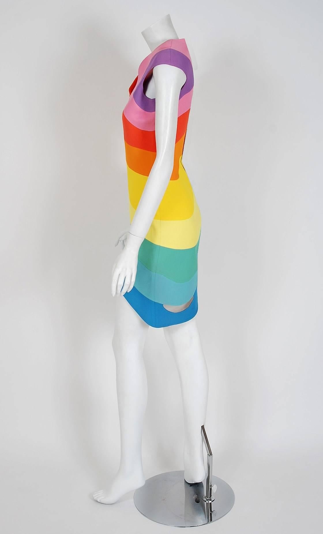 Blue 1990 Thierry Mugler Couture Documented Rainbow Bodycon Cut-Out Hourglass Dress