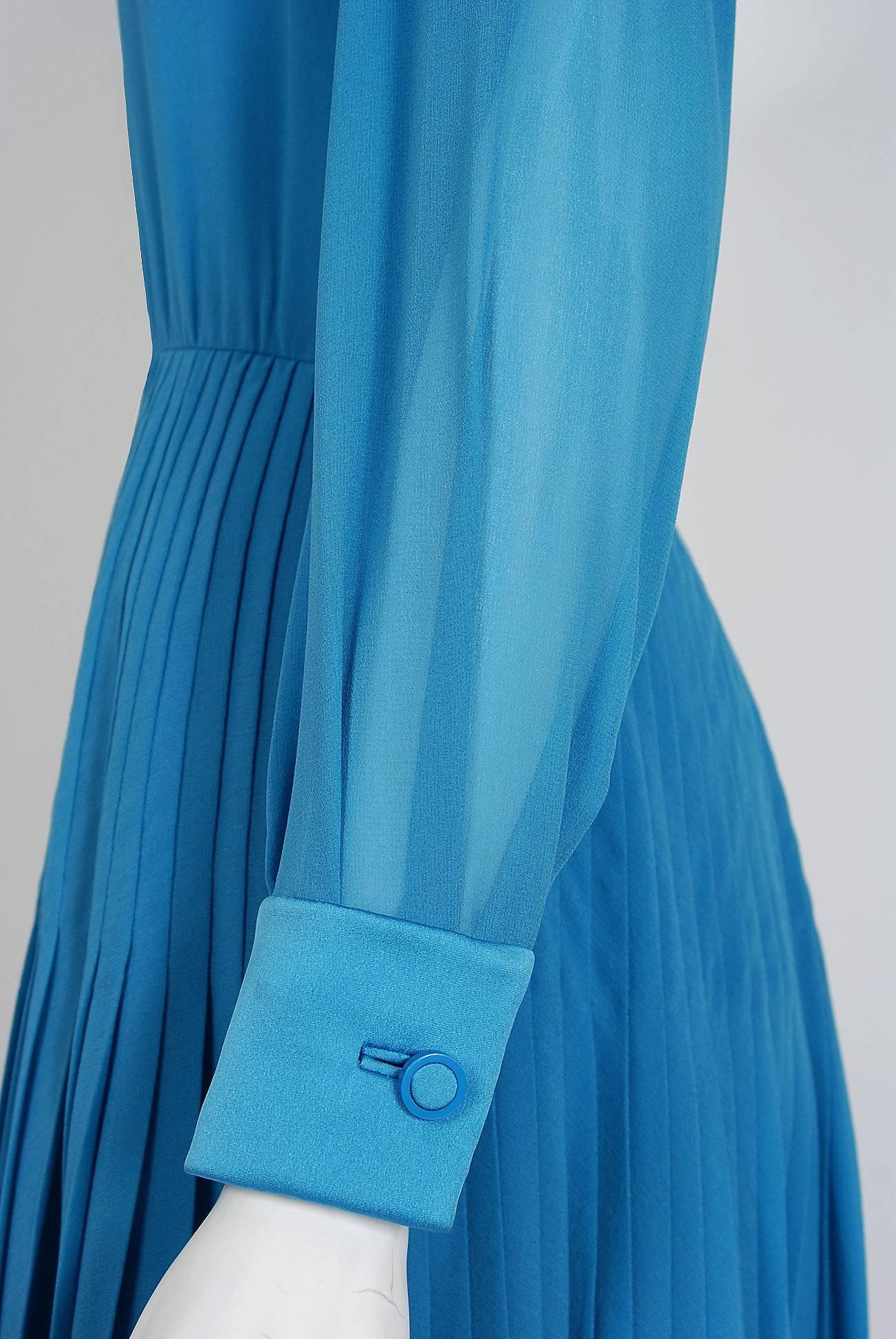 Vintage 1974 Valentino Couture Turquoise-Blue Chiffon Pleated Swing Shirtdress 1